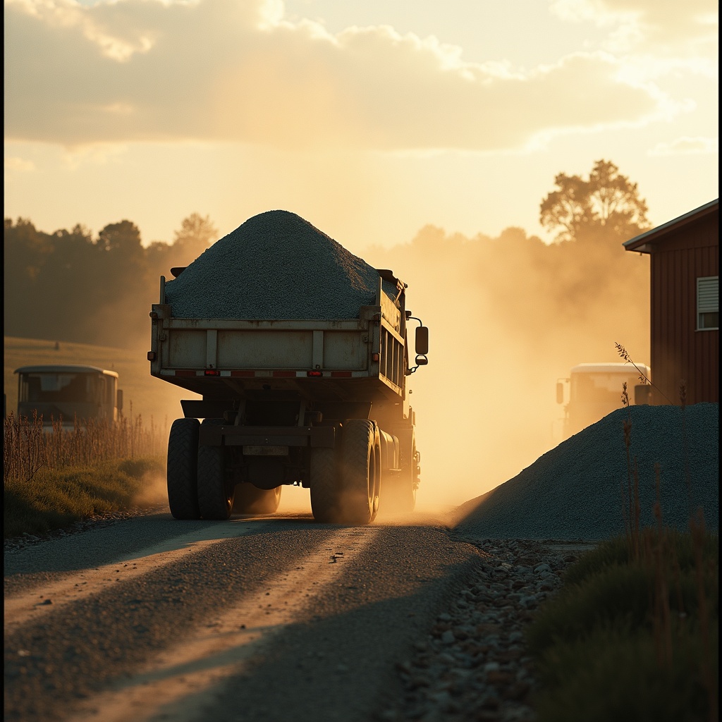 Tipper truck delivering road base and quarry products