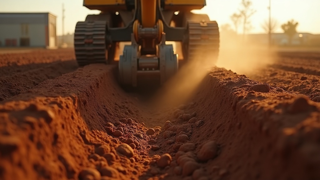 Excavator bucket cutting a footing trench